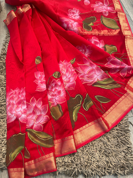 Sindur Lal Kamal  Handpainted Maheswari Saree