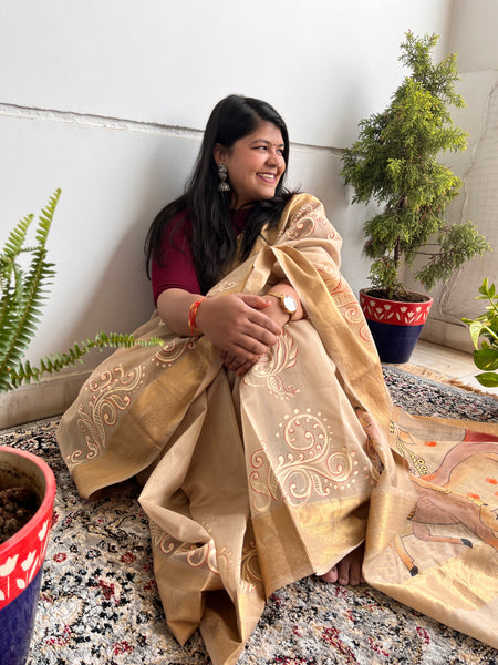 Handpainted Alpona Maheswari saree