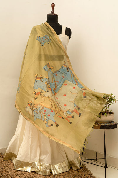 Pichwai Cow Painted Chanderi Dupatta