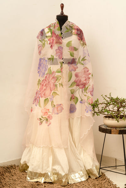 Peonies Organza Handpainted Dupatta