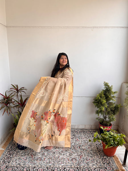 Handpainted Alpona Maheswari saree