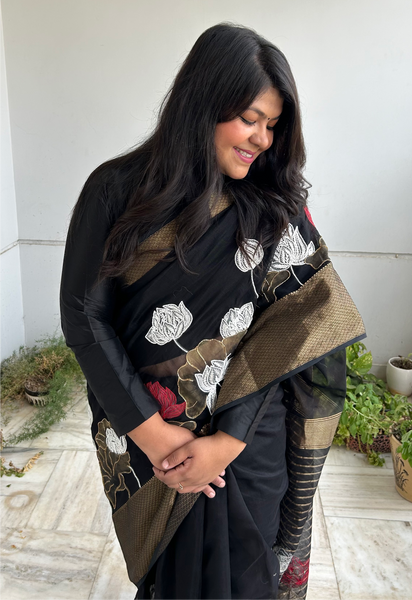 Trending BLACK SAREE Coal Gold Lotus Hand painted Hand embellished Saree