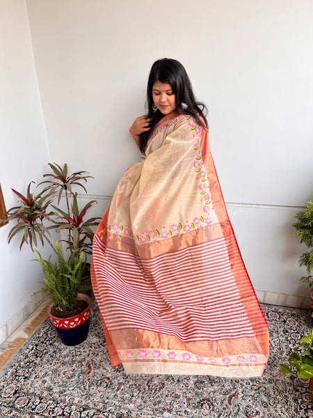 Sand coral Handpainted Handwoven Saree