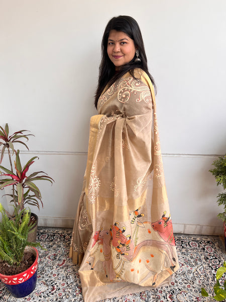 Handpainted Alpona Maheswari saree
