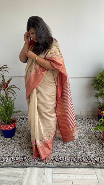 Sand coral Handpainted Handwoven Saree