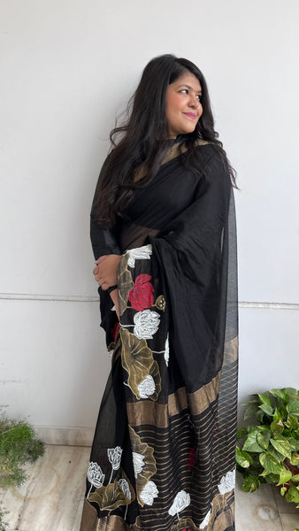 Trending BLACK SAREE Coal Gold Lotus Hand painted Hand embellished Saree