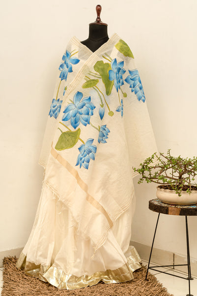 Neelkamal Pichwai Lotus Chanderi Handpainted Dupatta