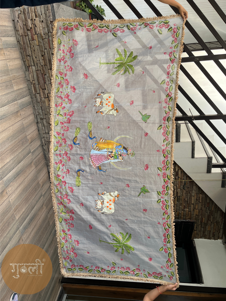 Vrindavan Radha Krishna Handpainted Dupatta | Handwoven Tissue Chanderi | Artisan Handwork | Eternal Love