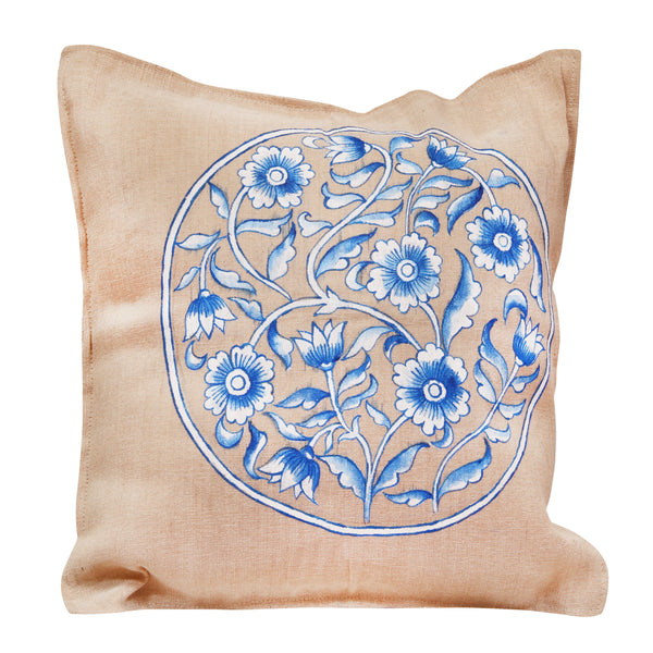Blue Pottery Handpainted Jute Cushion Cover