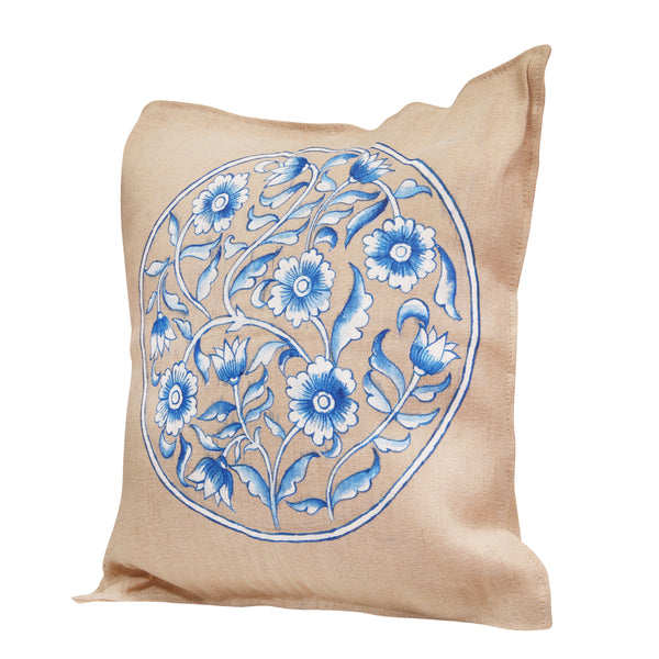 Blue Pottery Handpainted Jute Cushion Cover