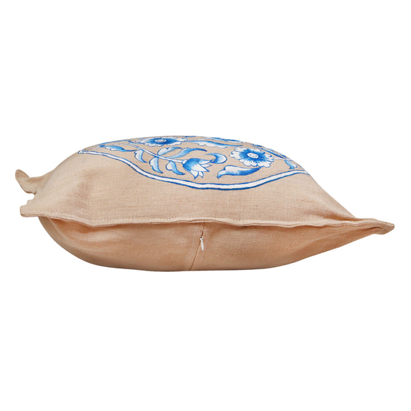 Blue Pottery Handpainted Jute Cushion Cover