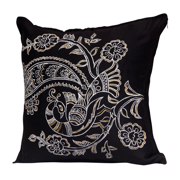 Black Handloom Handpainted Cushion Cover