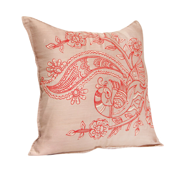Beige Handpainted Peacock Cushion Cover