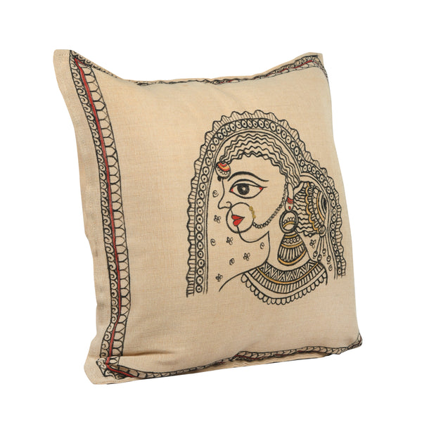 Handpainted Rajasthani Cushion Cover In Beige