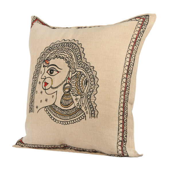 Handpainted Rajasthani Cushion Cover In Beige