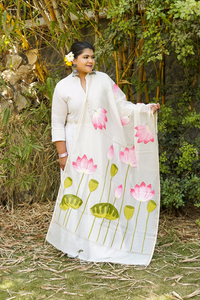 Hand Painted Lotus Dupatta