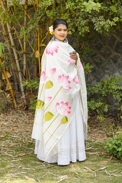 Hand Painted Lotus Dupatta