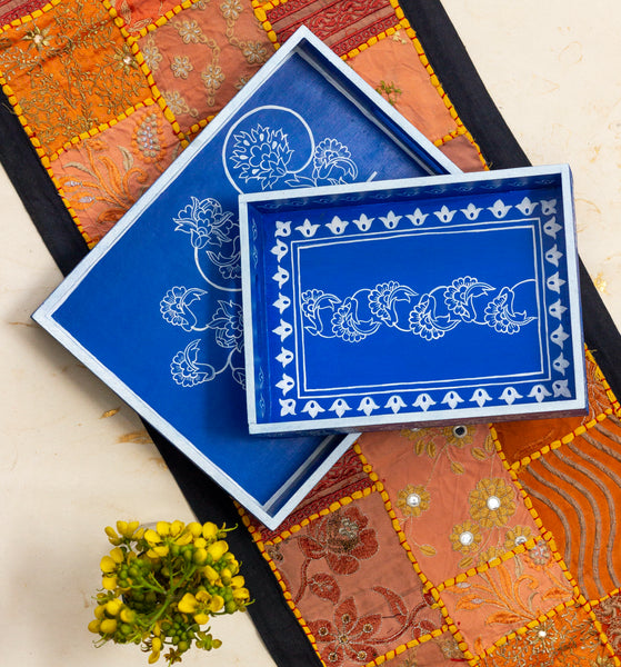 Tray Set, Wooden Tray Set, Handpainted Tray Set Online, Serving Trays, Blue Trays, wooden hand painted tray vintage wooden hand painted tray small wooden hand painted tray hand painted wooden serving tray wooden hand painted trays hand painted wooden serving trays