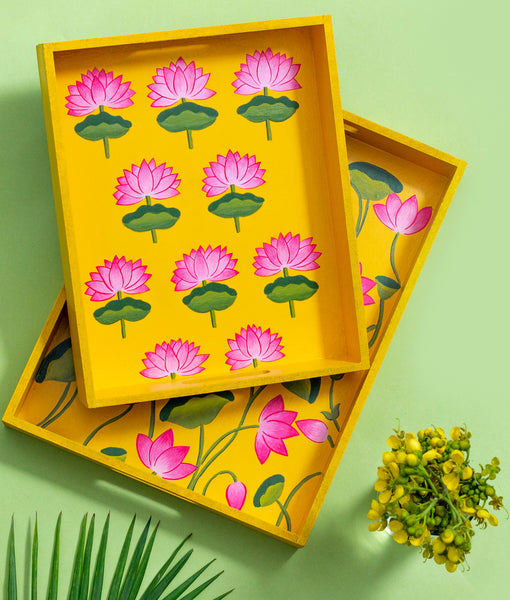 serving trays, wooden hand painted platters, trays for kitchen, hand painted plates India, trays online, serving trays set, buy serving trays, fancy trays
