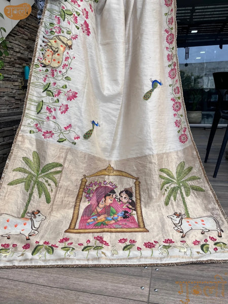 Handpainted Godbharai Pearl Pichwai Saree