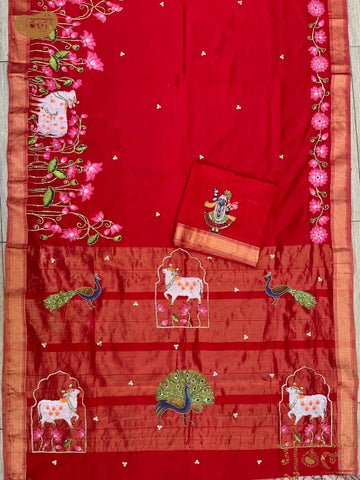 Nathdwara Handpainted Laal Pichwai Saree