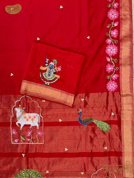 Nathdwara Handpainted Laal Pichwai Saree
