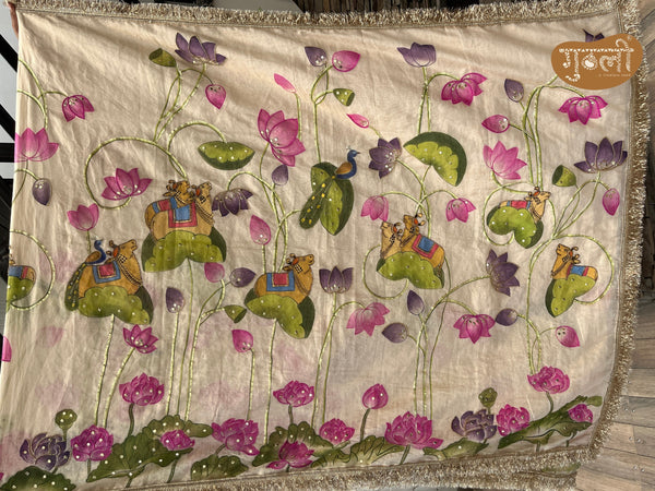 Varsha Ritu Hand-Painted Chanderi Tissue Saree – Lotus & Cows Saree