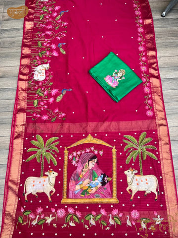 Handpainted Ranni Pink Baby Shower Pichwai Saree