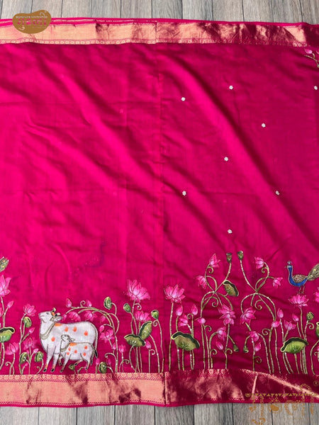 Handpainted Ranni Pink Baby Shower Pichwai Saree