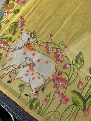 Haldi Hand Painted Shrinathji Saree with Lotus Motifs