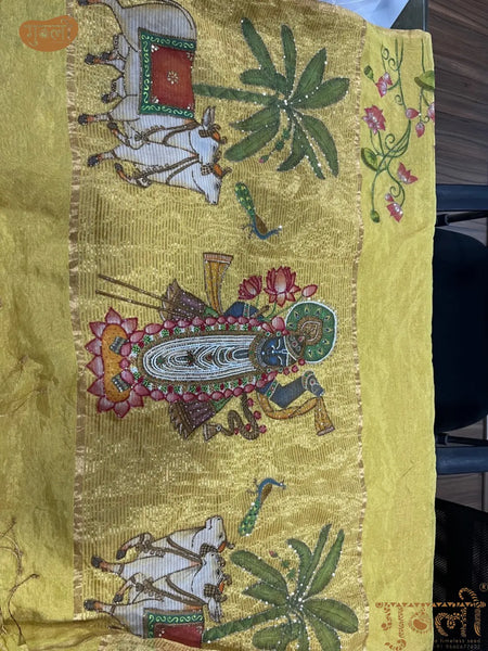 Haldi Hand Painted Shrinathji Saree with Lotus Motifs