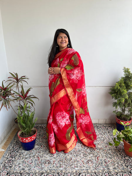 Sindur Lal Kamal  Handpainted Maheswari Saree