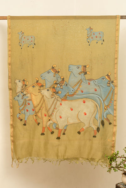 Pichwai Cow Painted Chanderi Dupatta