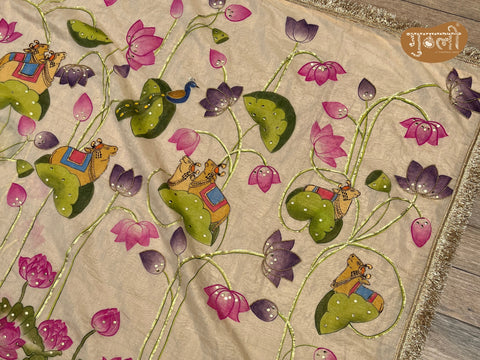 Varsha Ritu Hand-Painted Chanderi Tissue Saree – Lotus & Cows Saree