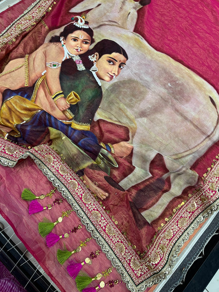 RAJA RAVI VARMA Handpainted Tissue saree Yashoda krishna