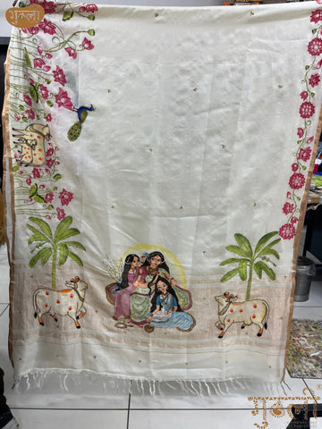 Yamunā Maiya with Gopi & Gopika Tussar Handpainted Saree