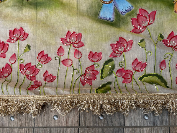 Hand Painted Handwoven Radha Krishna Antarpat with Lotus Motifs