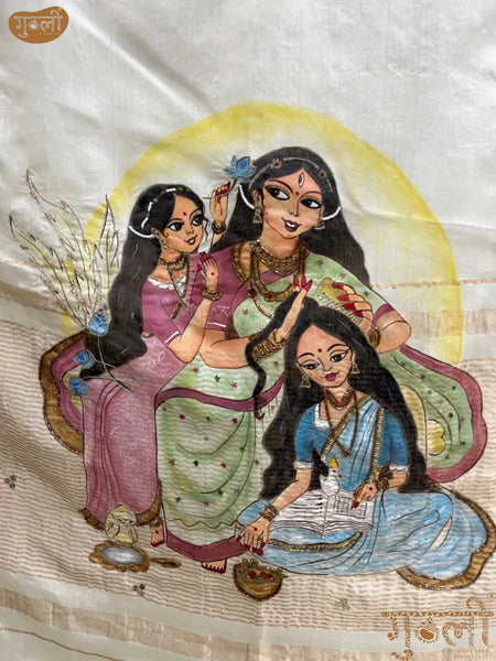 Yamunā Maiya with Gopi & Gopika Tussar Handpainted Saree