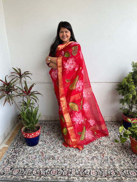 Sindur Lal Kamal  Handpainted Maheswari Saree