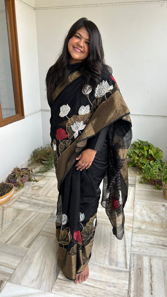 Trending BLACK SAREE Coal Gold Lotus Hand painted Hand embellished Saree