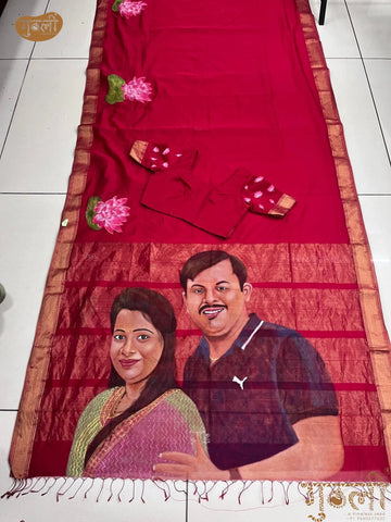 Sindoorie Hand Painted Custom Potrait Red Saree