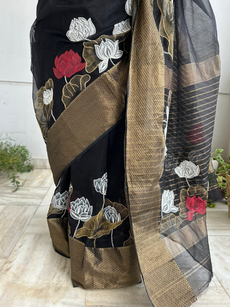 Trending BLACK SAREE Coal Gold Lotus Hand painted Hand embellished Saree