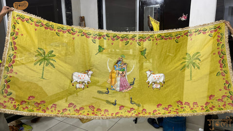 Genda Handpainted Peela Vrindavan Pichwai Dupatta