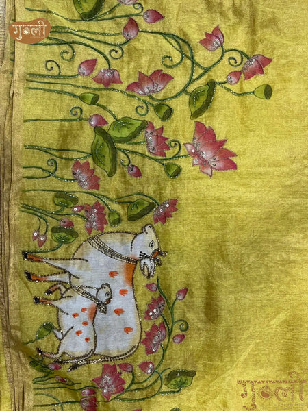 Haldi Hand Painted Shrinathji Saree with Lotus Motifs