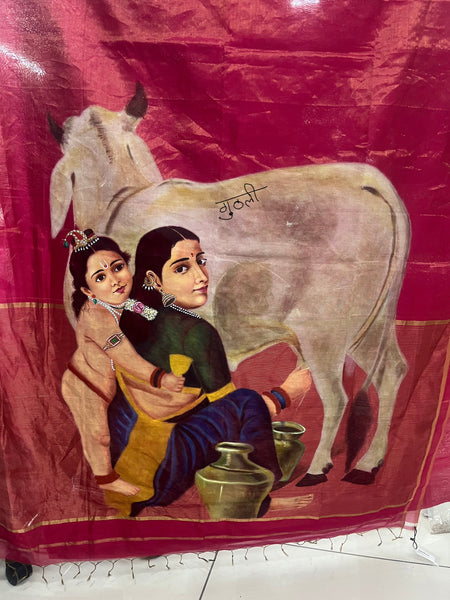 RAJA RAVI VARMA Handpainted Tissue saree Yashoda krishna