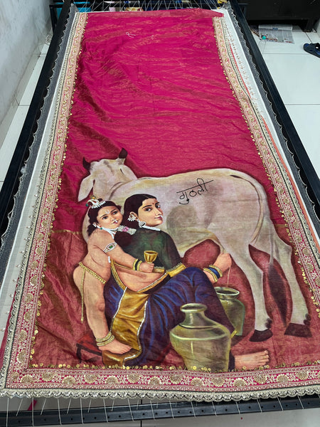 RAJA RAVI VARMA Handpainted Tissue saree Yashoda krishna