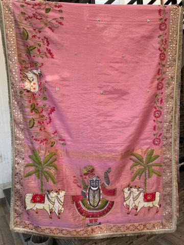 PADMA LEELA | Handcrafted Shrinathji Pichwai Saree with Embroidered Cows and lotus Motifs