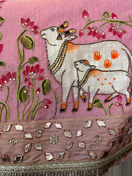 PADMA LEELA | Handcrafted Shrinathji Pichwai Saree with Embroidered Cows and lotus Motifs