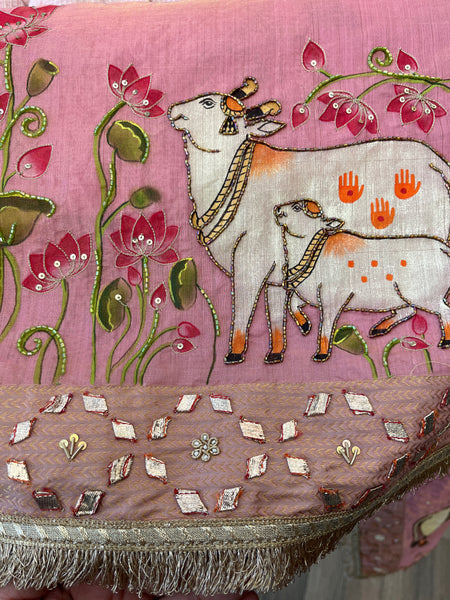 PADMA LEELA | Handcrafted Shrinathji Pichwai Saree with Embroidered Cows and lotus Motifs