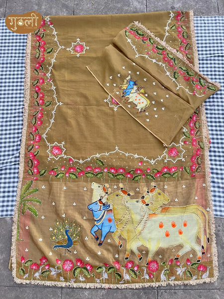 Kamdhenu Hand Painted Saree with Chanderi Tissue